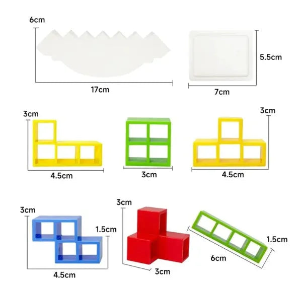Plastic balance stacking board game with coloured building blocks on chassis for kids and adults