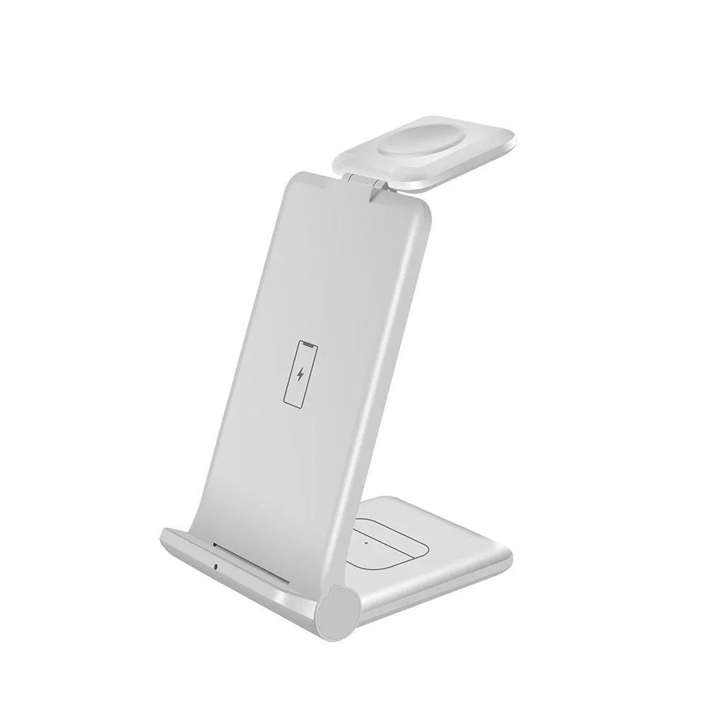 White or black 3-in-1 wireless charging station with foldable design for iPhone, Samsung, AirPods and Apple Watch