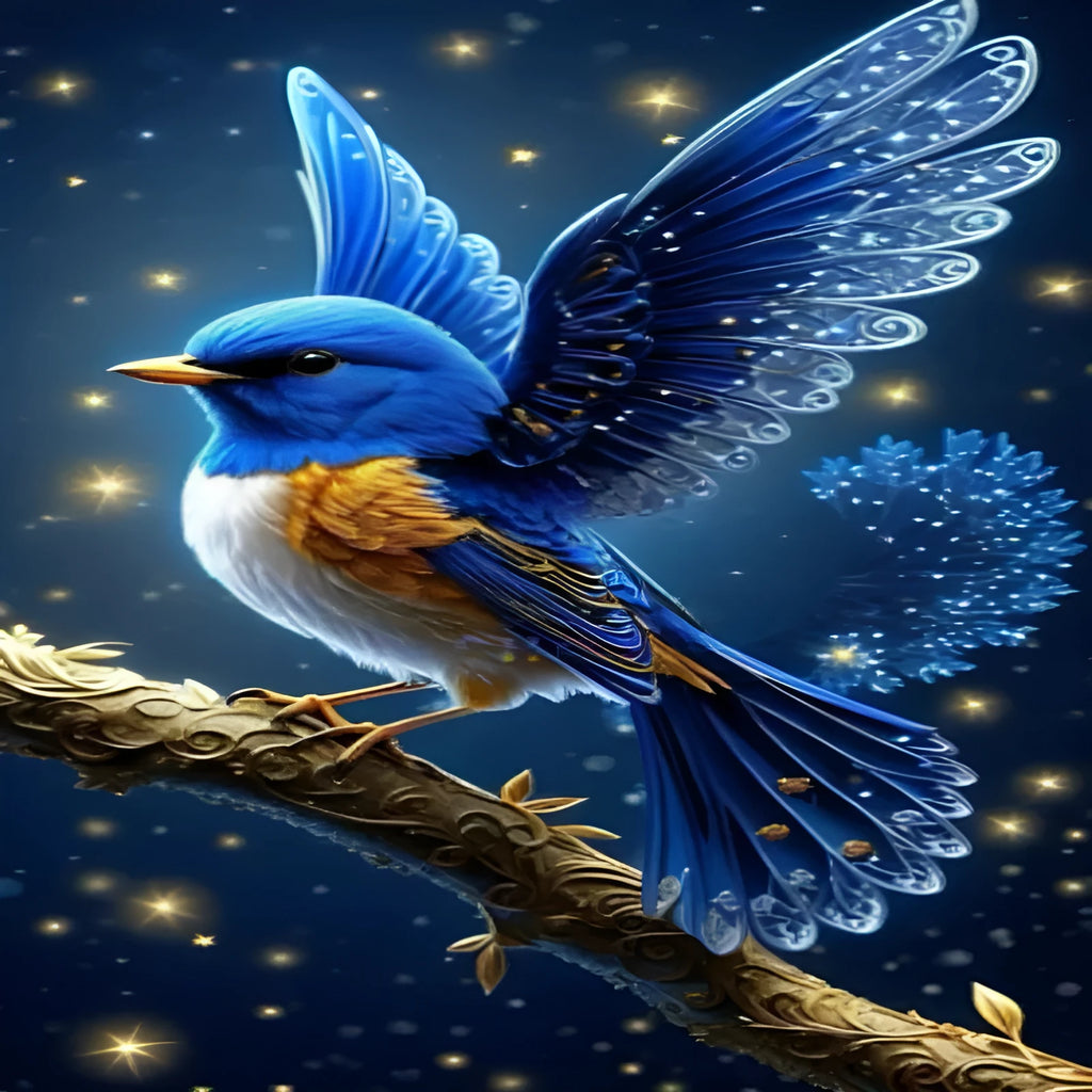 Blue Bird design DIY rhinestone painting kit showing 60x100cm canvas with modern pattern and acrylic diamonds