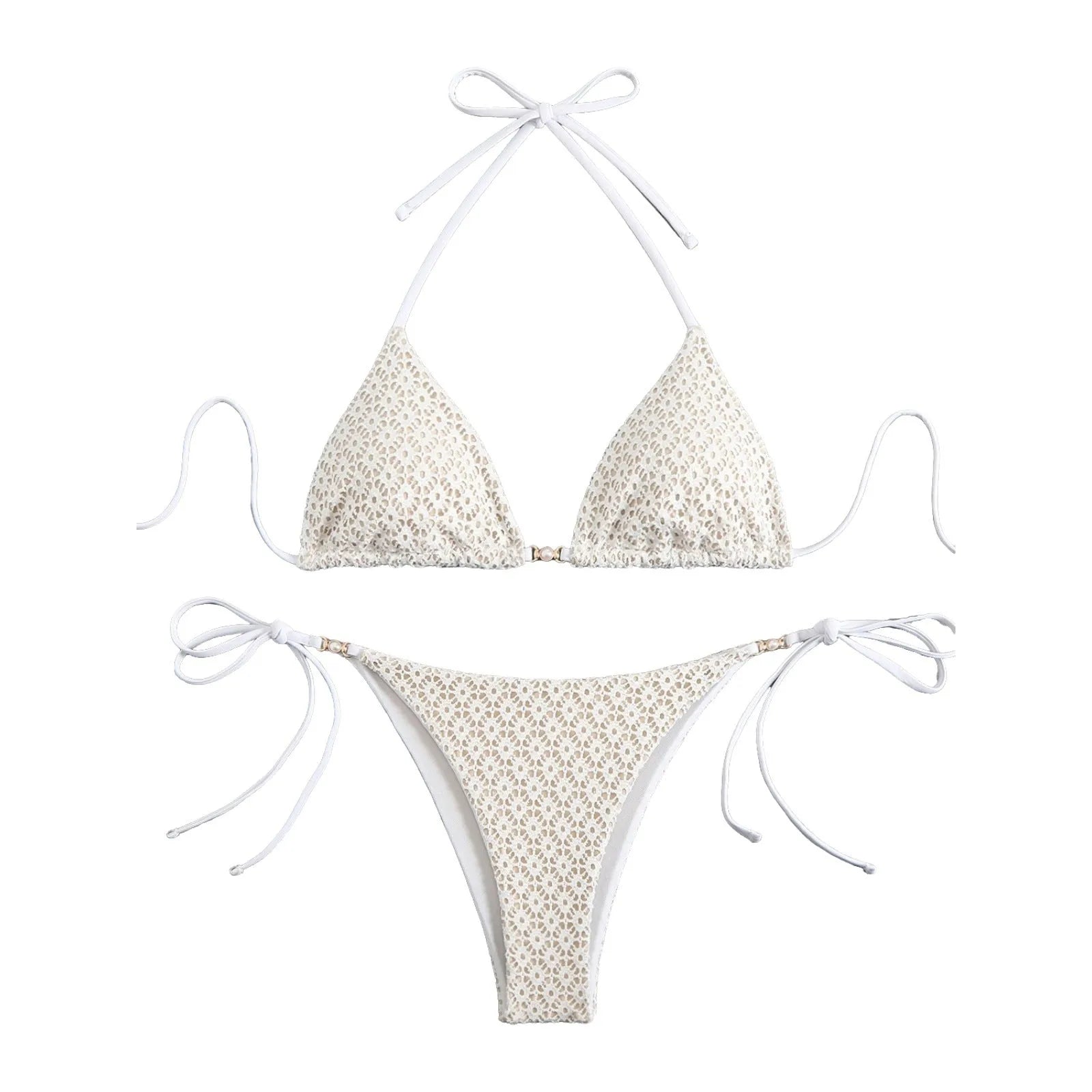 Women's multicolor bikini with split open back, backless design, bra and matching shorts, available in pink