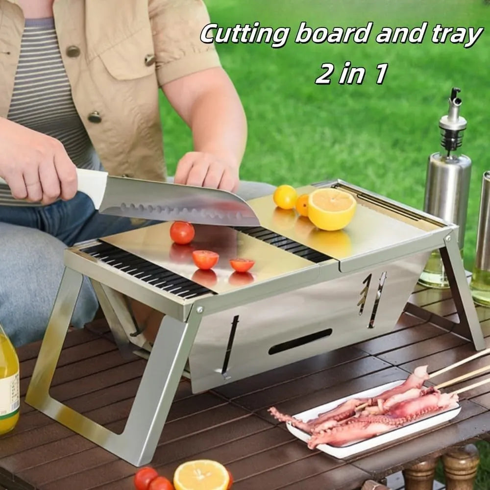 Small foldable metal charcoal grill with a carrying handle, shown in a compact stored position.