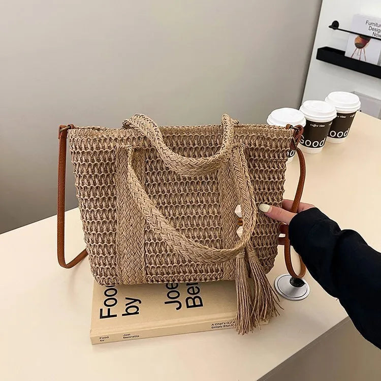 Women's woven straw crossbody bag in milky white or khaki with large capacity