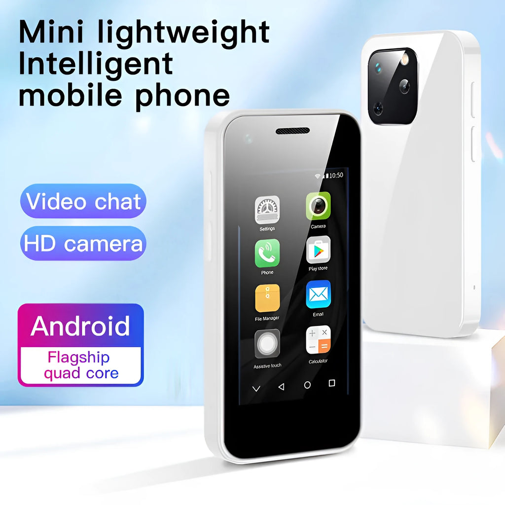 Mini Android smartphone with 2.5-inch screen showing home screen interface