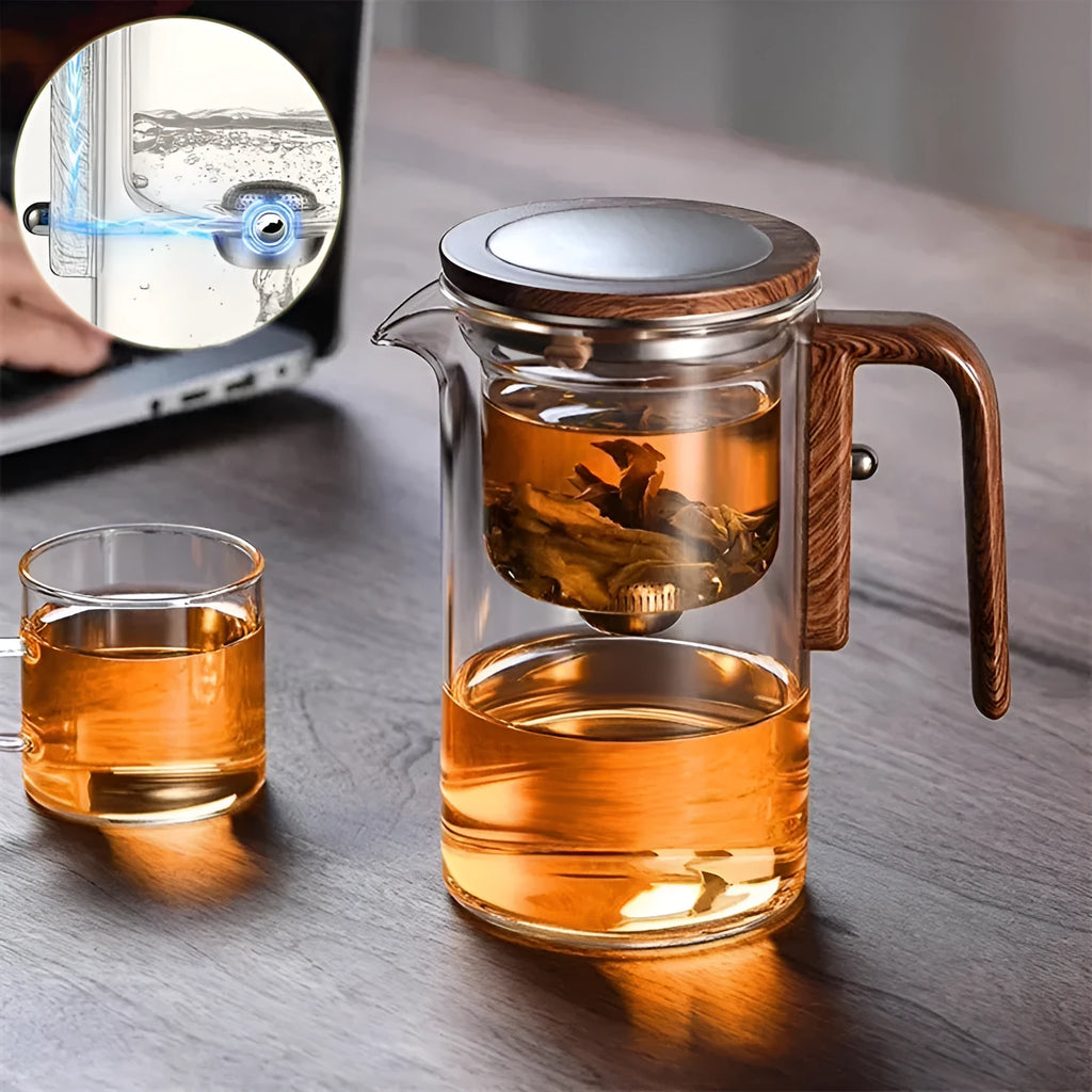 Glass teapot with magnetic tea leaf separator and wooden handle shown in new Chinese style.