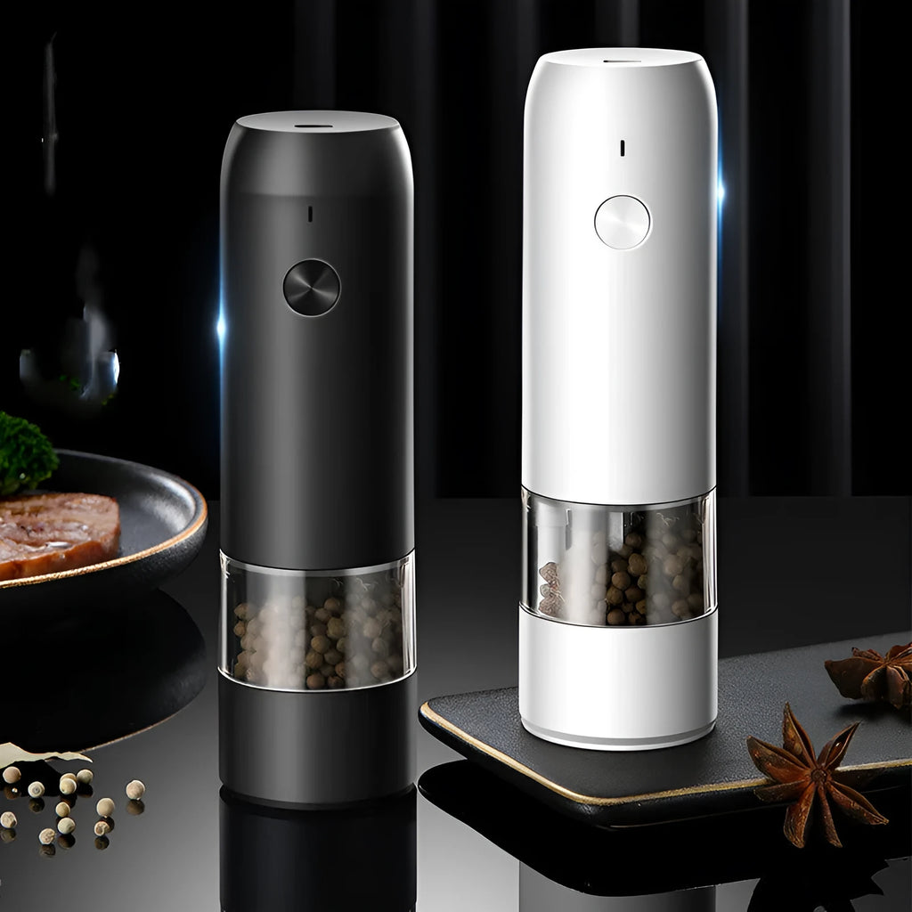 Clear acrylic electric pepper and salt grinder set with USB cable, shown with ceramic grinding core.