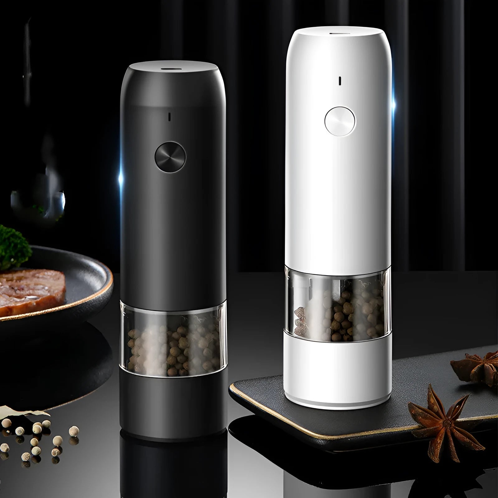 Clear acrylic electric pepper and salt grinder set with USB cable, shown with ceramic grinding core.