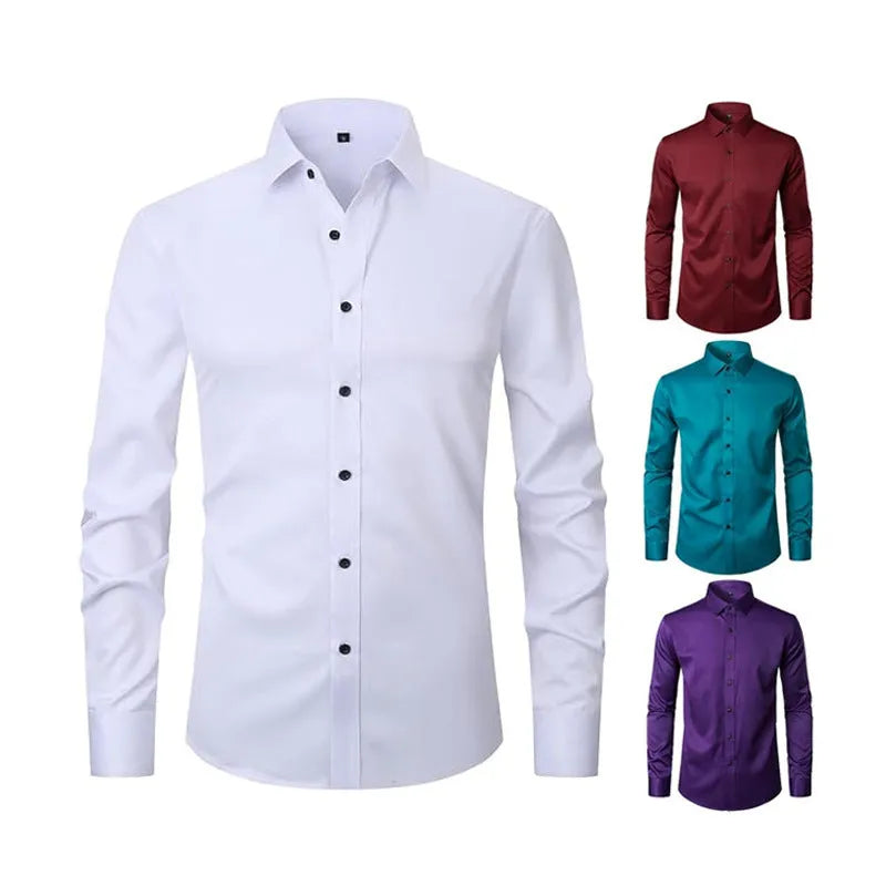 Man wearing a solid-colour stretch long sleeve work shirt made from polyester fabric.