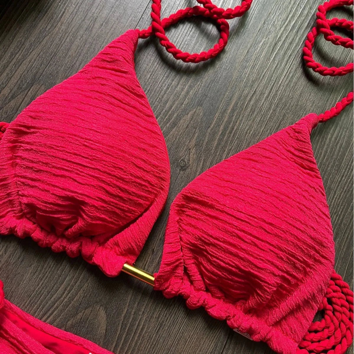 Women's fashion braided rope bikini suit in solid colour with cotton lining and nylon fabric