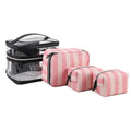 Pink bold stripes floral pattern waterproof synthetic leather makeup bag with retro design
