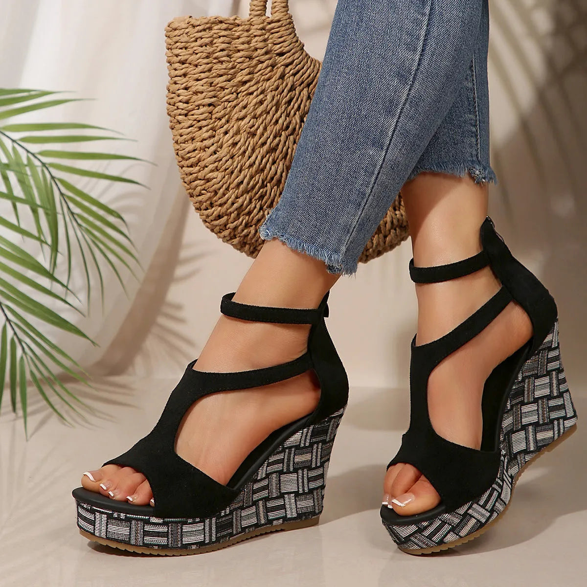 Women's cream white ankle-strap sandals with thick rubber sole and buckle fastening.