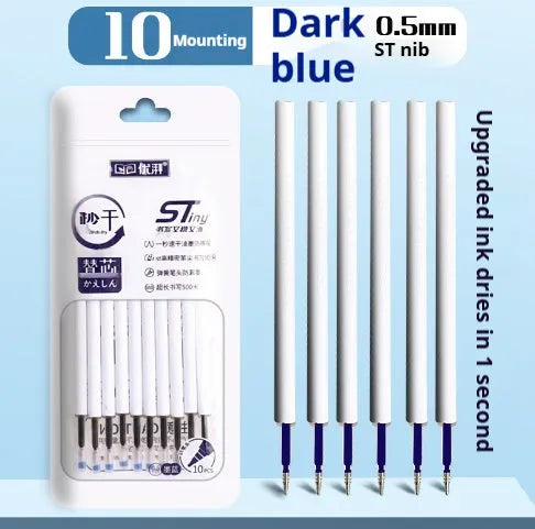 Pack of 10 quick-drying ballpoint pen refills in black, blue, red, and ink blue colours