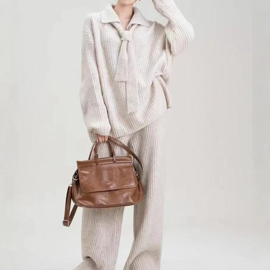 Beige acrylic fibre imitation cashmere sweater suit two-piece set with long sleeve top and trousers.