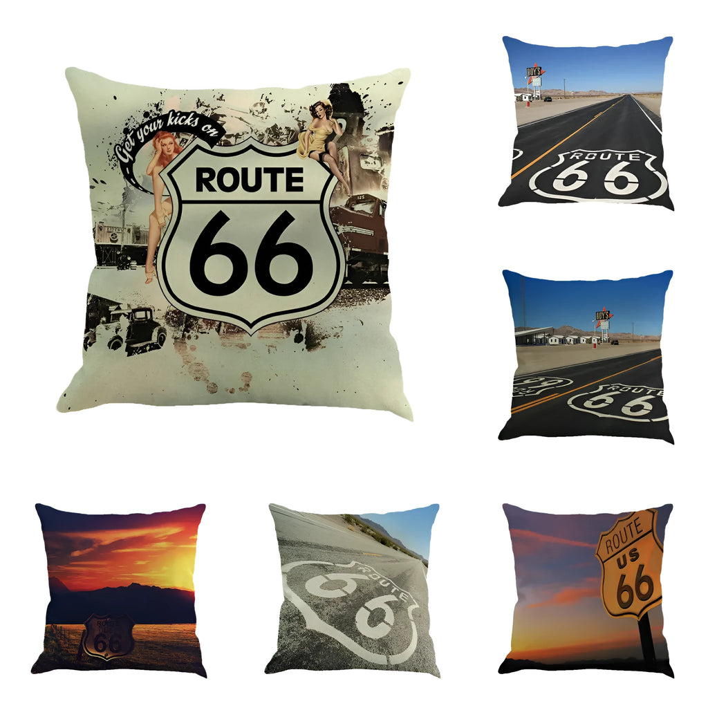 Linen blend cushion cover with Route 66 landscape pattern in six colour options
