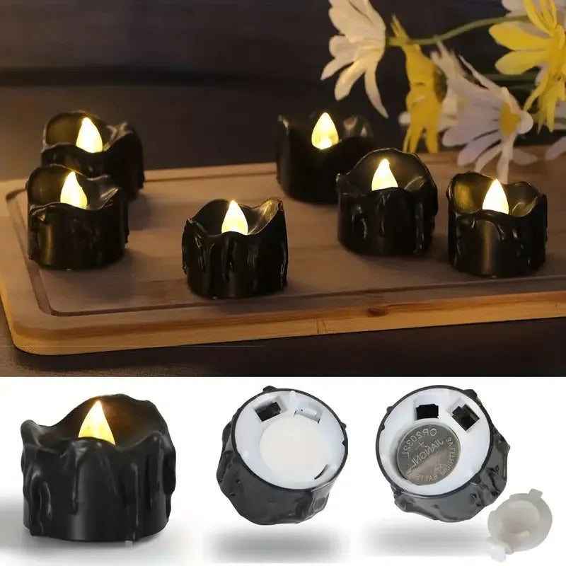LED Christmas Decorations Black Electronic Wax Candles Plastic Injection Moulded Concave Design Yellow Flash 12 Pieces Indoor Holiday Decor