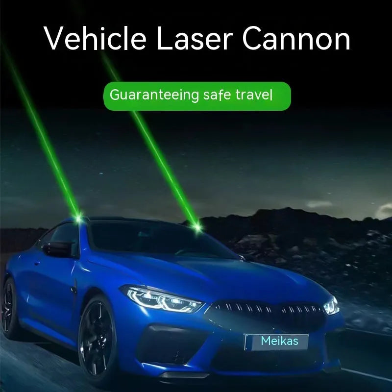 Black vehicle-mounted laser lamp with remote control and USB charging cable on a car dashboard.