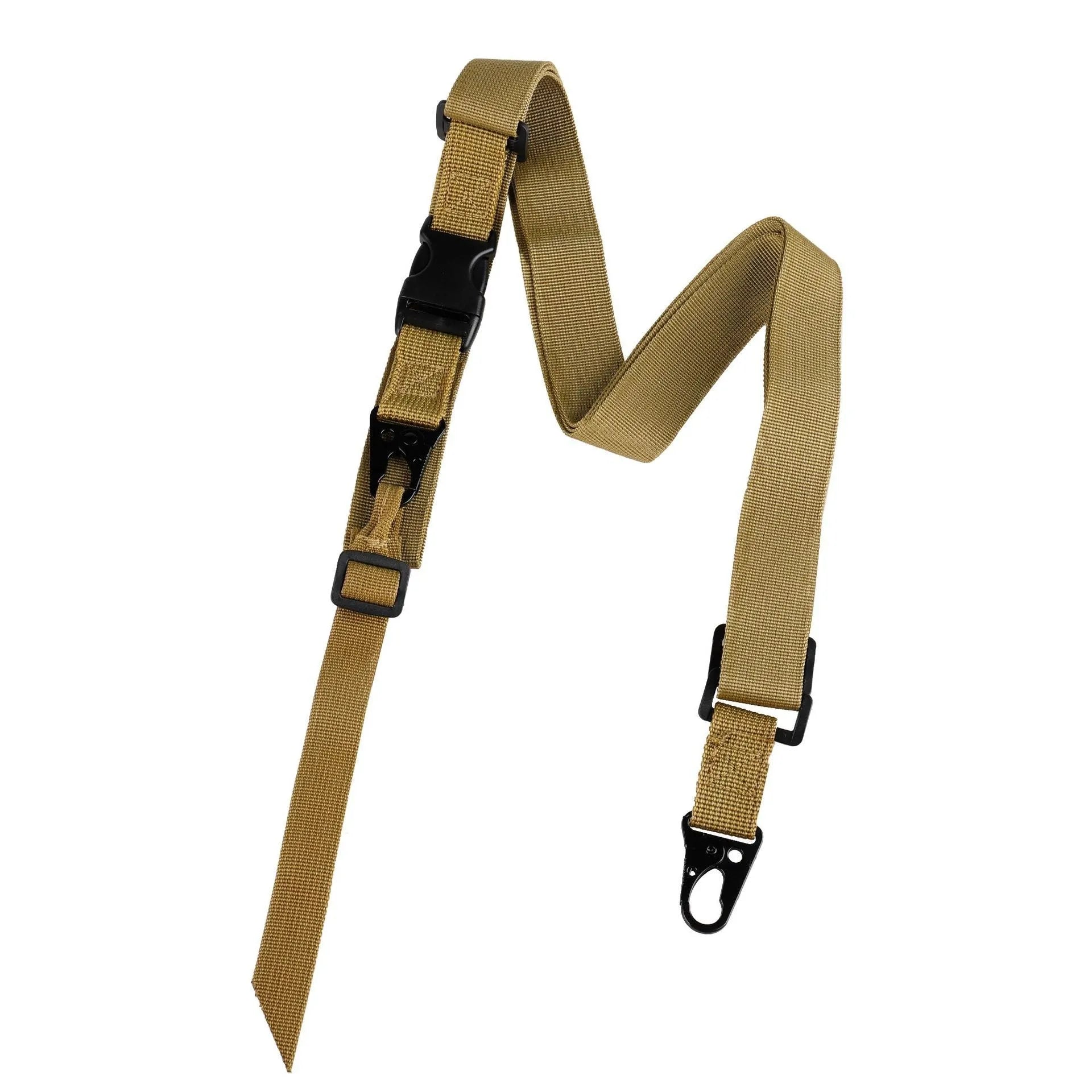 Military green nylon crossbody sling strap with alloy buckle showing adjustable length of 148cm