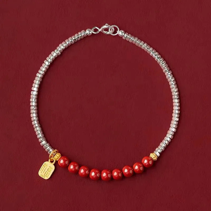 Silver electroplated couple bracelet with geometric round beads on copper, 16 cm length