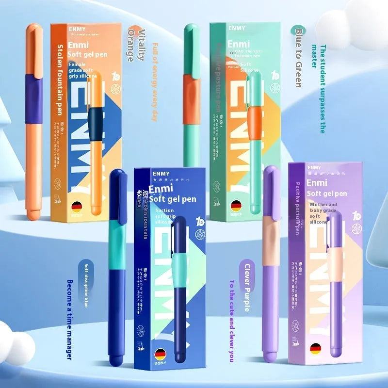 Student posture correction pen in plastic case showing blue, green, purple and orange colour options