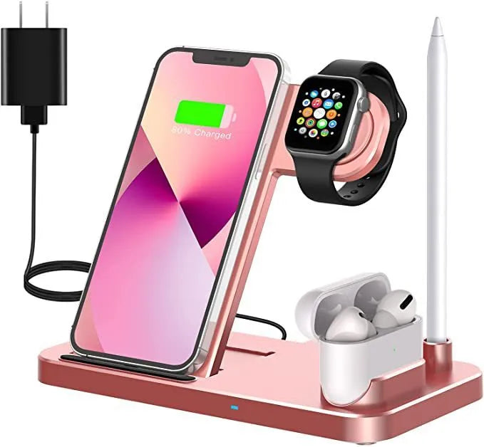 Folding 4-in-1 wireless charger showing MagSafe spot, Apple Pencil slot, and charging pad in Space Grey colour.