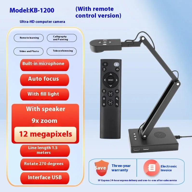 USB computer webcam with built-in microphone on a desk next to a monitor