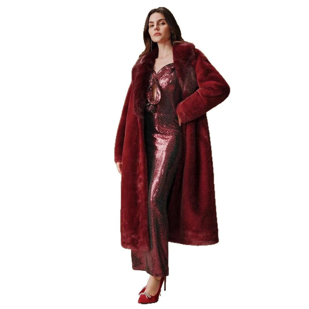 Women's long faux fur coat in wine red colour with extended 100cm length