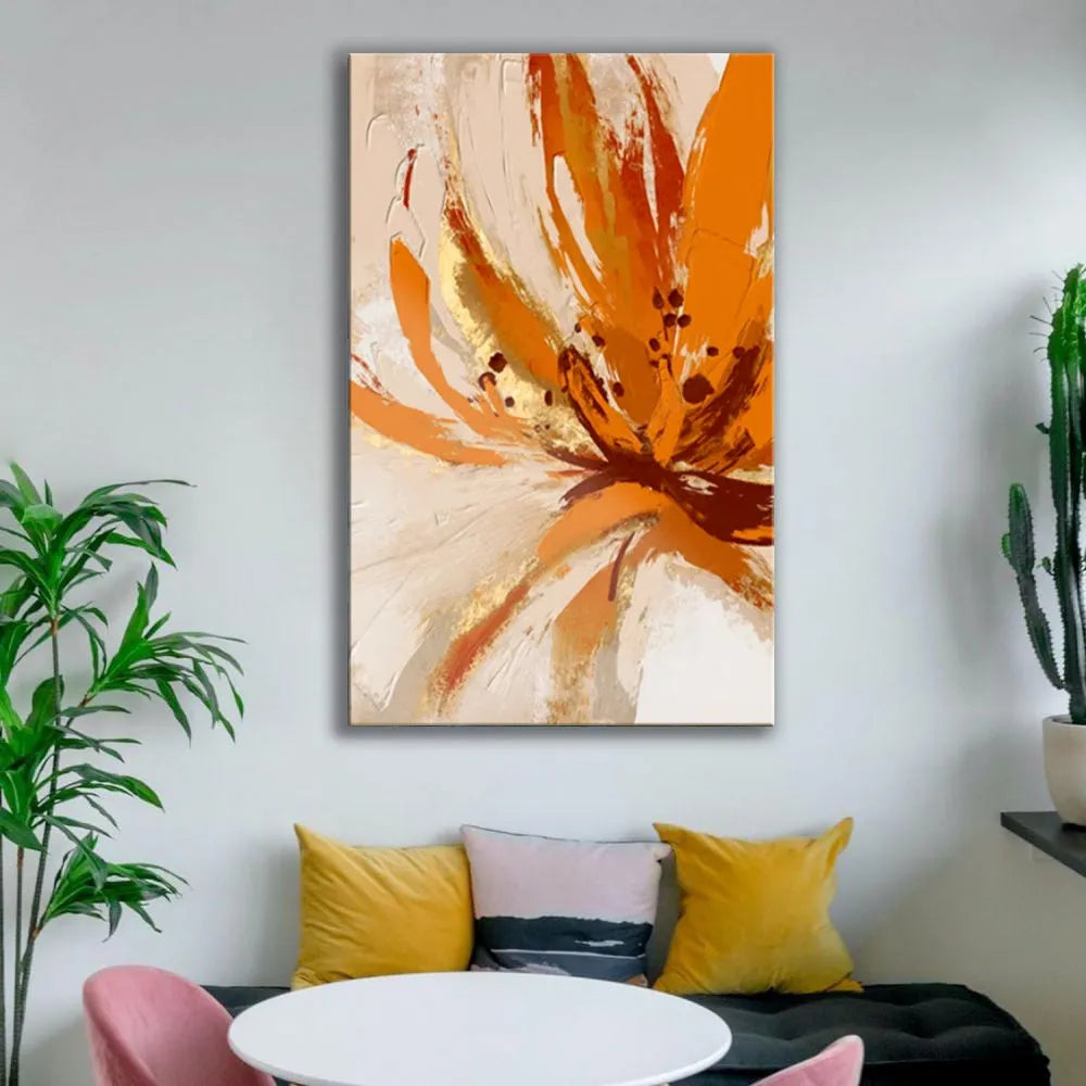 Handmade orange flower oil painting on canvas, modern abstract vertical wall art, frameless and unstretched