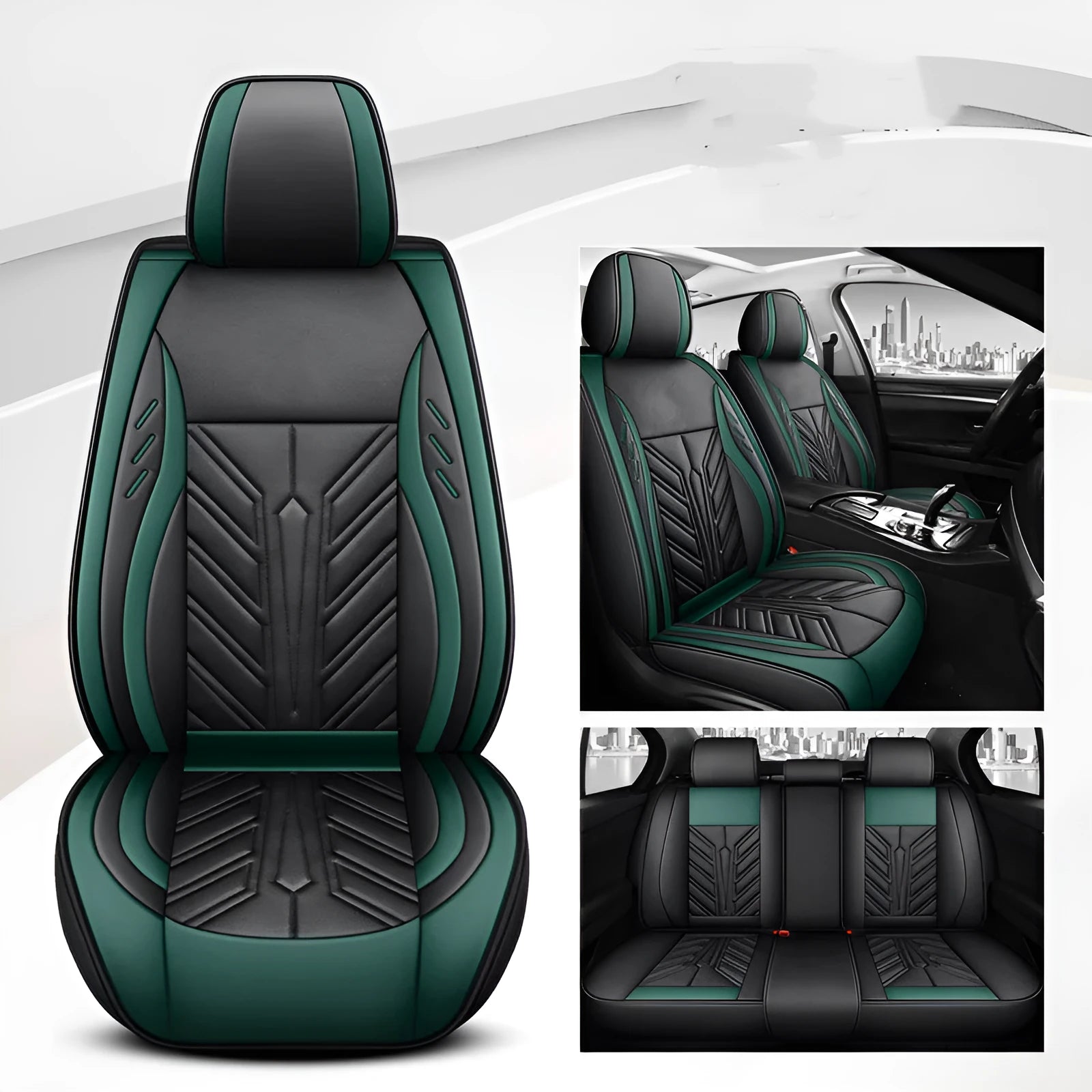 Full-leather car seat cushion with contrast stitching in Nordic Green colour