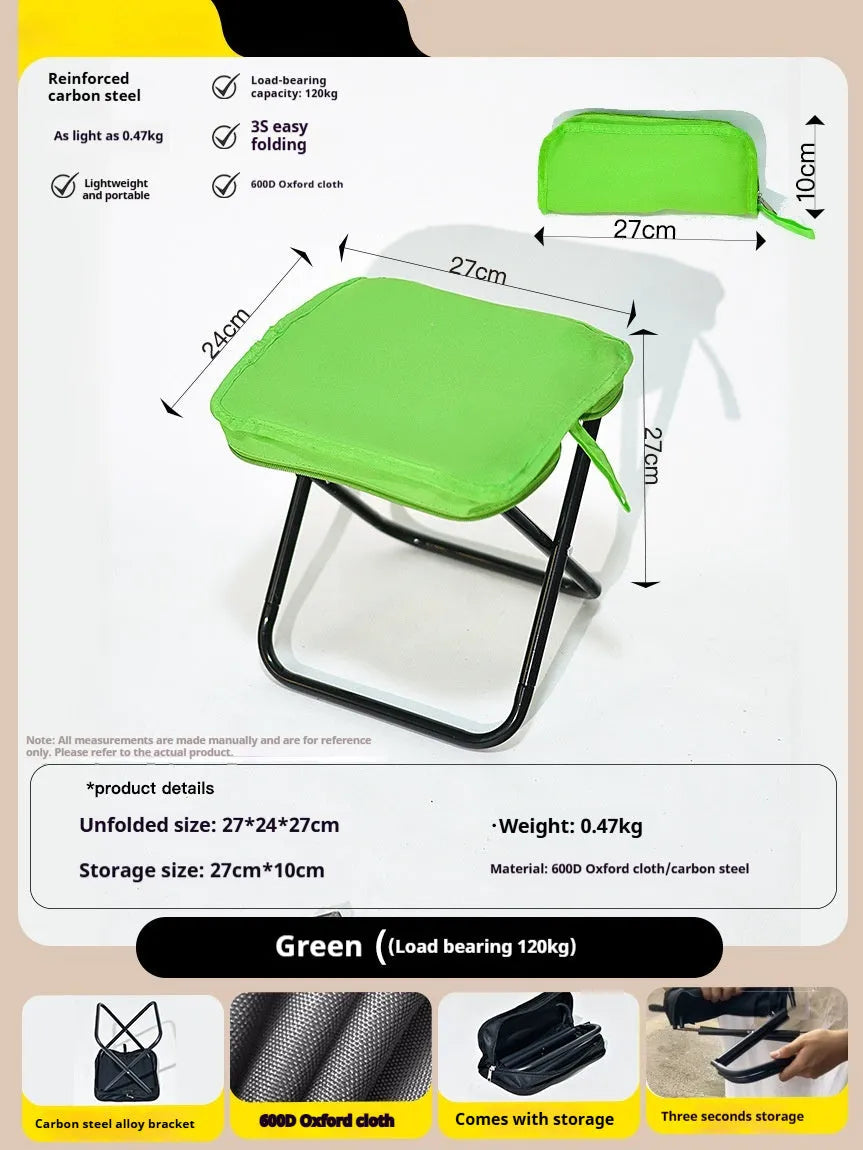 Lightweight foldable camp chair stool in Oxford cloth, shown in a khaki colour with carry handle.