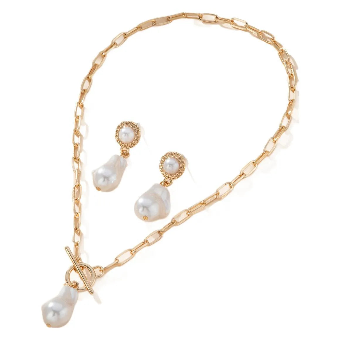Gold-colour retro baroque pearl pendant necklace and matching ear studs set on a flat surface.