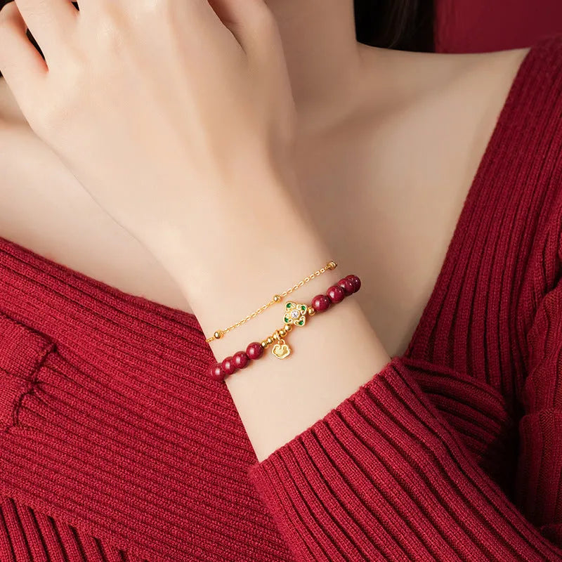 Sterling silver bracelet with Ruyi Xiangyun cinnabar flower design for women