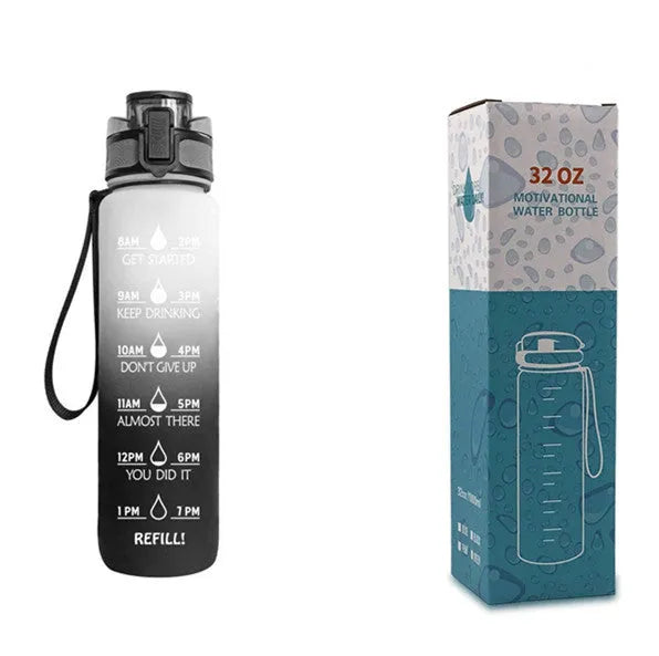Blue and red gradient 1 litre Tritan sports water bottle with time markers and flip-top lid