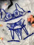 Women's embroidered see-through underwear set with cut-out design and lace-up garter straps