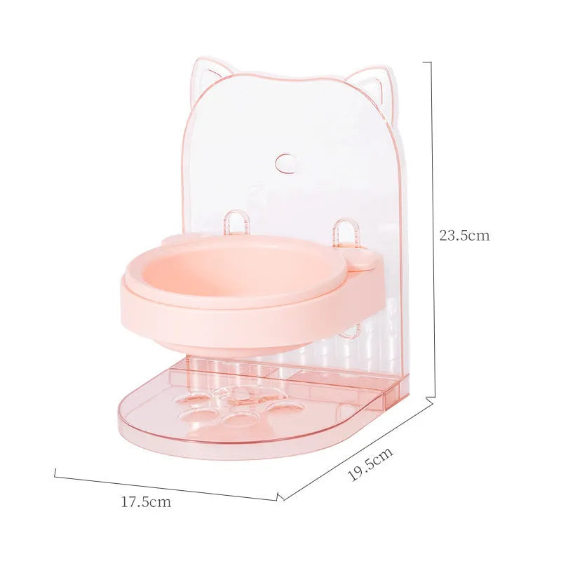 Grey cat bowl with cat ear design and anti-spill edges on adjustable hanging cage