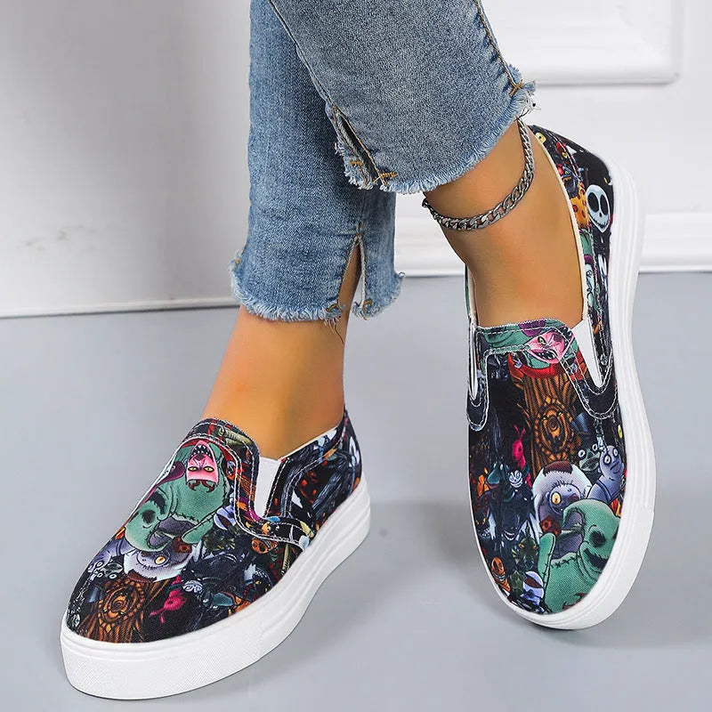 Women's casual canvas slip-on shoes with flat rubber soles in multiple colour options