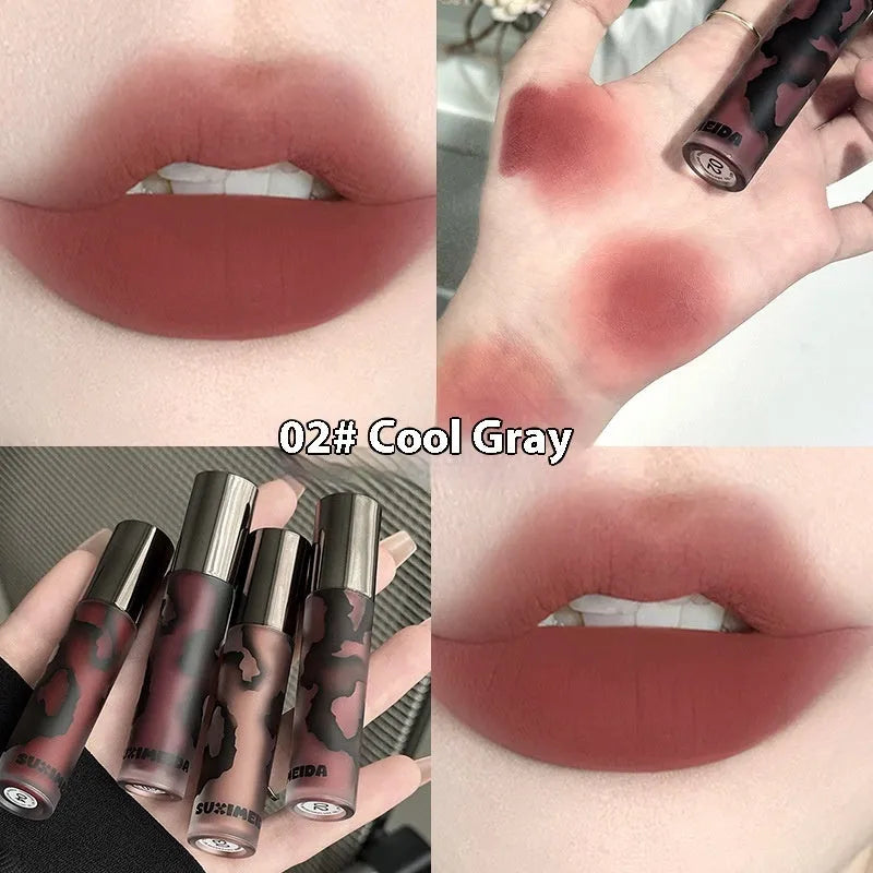 Matte lip mud lipstick tube in one of five shades: orange brown coffee, cool grey, cinnamon coffee, jujube red, or smoked purple.