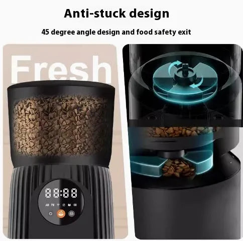 Black automatic pet feeder with smartphone showing feeding schedule and portion control settings
