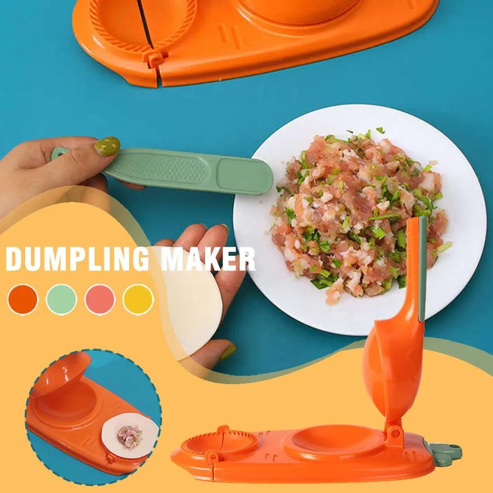 Orange and white plastic manual dumpling press tool with ergonomic handle on a kitchen worktop.