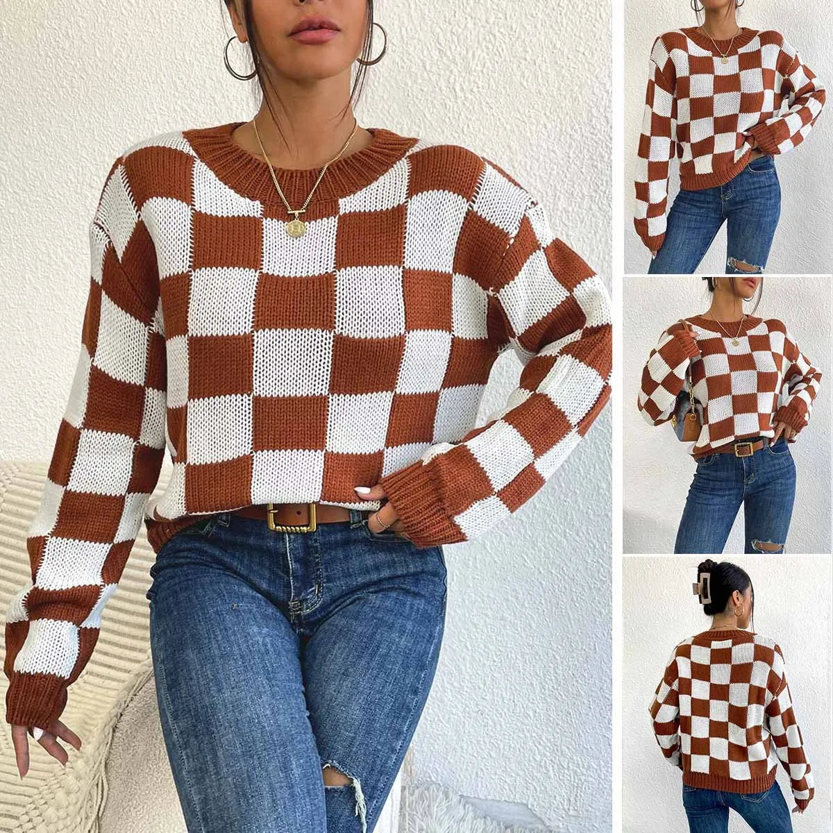 Dark brown plaid pattern on a loose round neck acrylic pullover sweater with long sleeves.