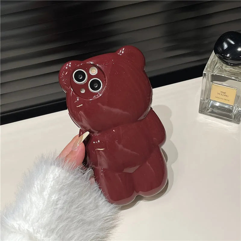Solid colour three-dimensional bear cute anti-fall silicone phone case for iPhone 11 12 13 14 series, khaki option