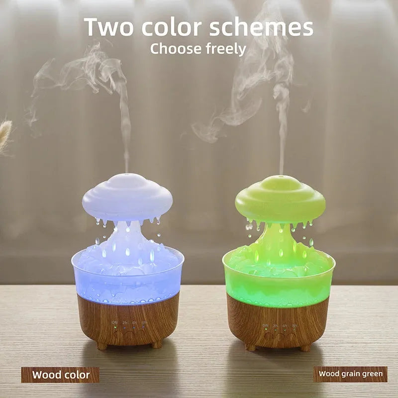 Wood grain finished rain cloud humidifier diffuser with coloured LED night light on table