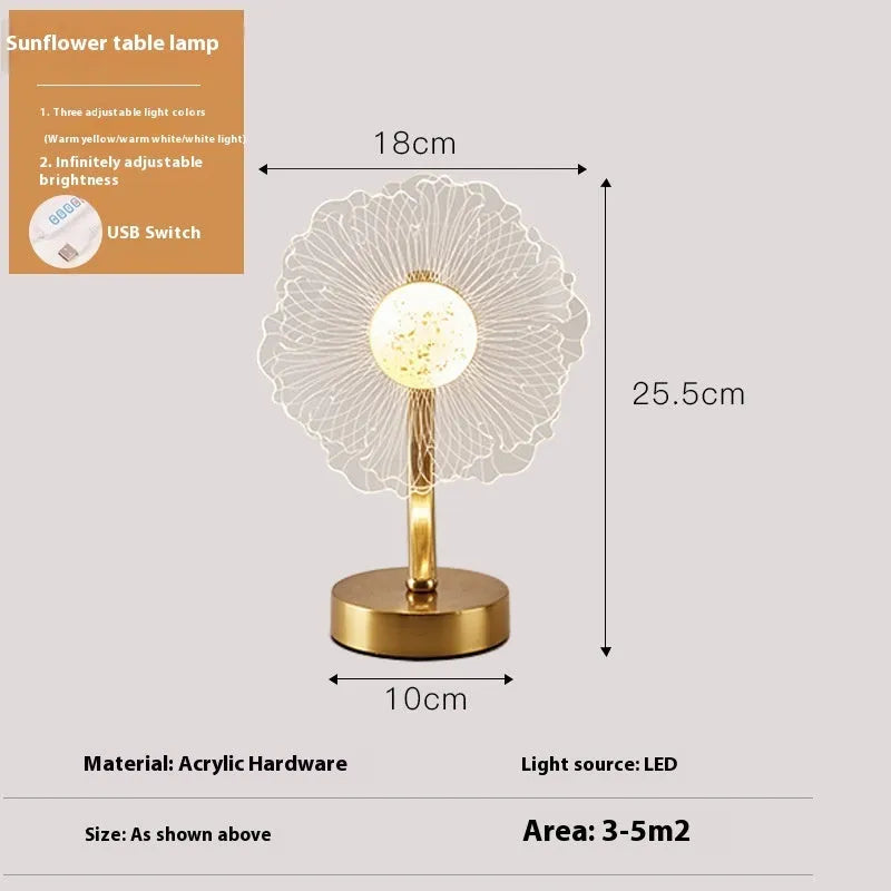 Creative acrylic table lamp with three-colour USB dimming in sunflower design