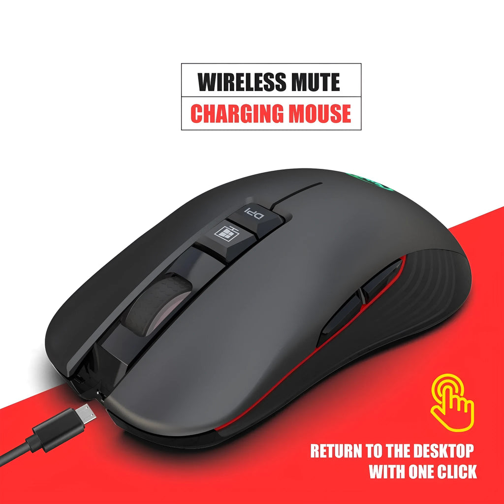 Black ergonomic wireless gaming mouse with RGB lighting and seven buttons on desk