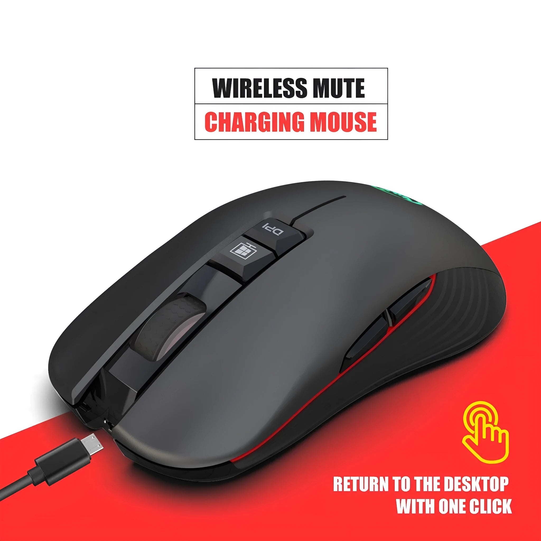 Black ergonomic wireless gaming mouse with RGB lighting and seven buttons on desk