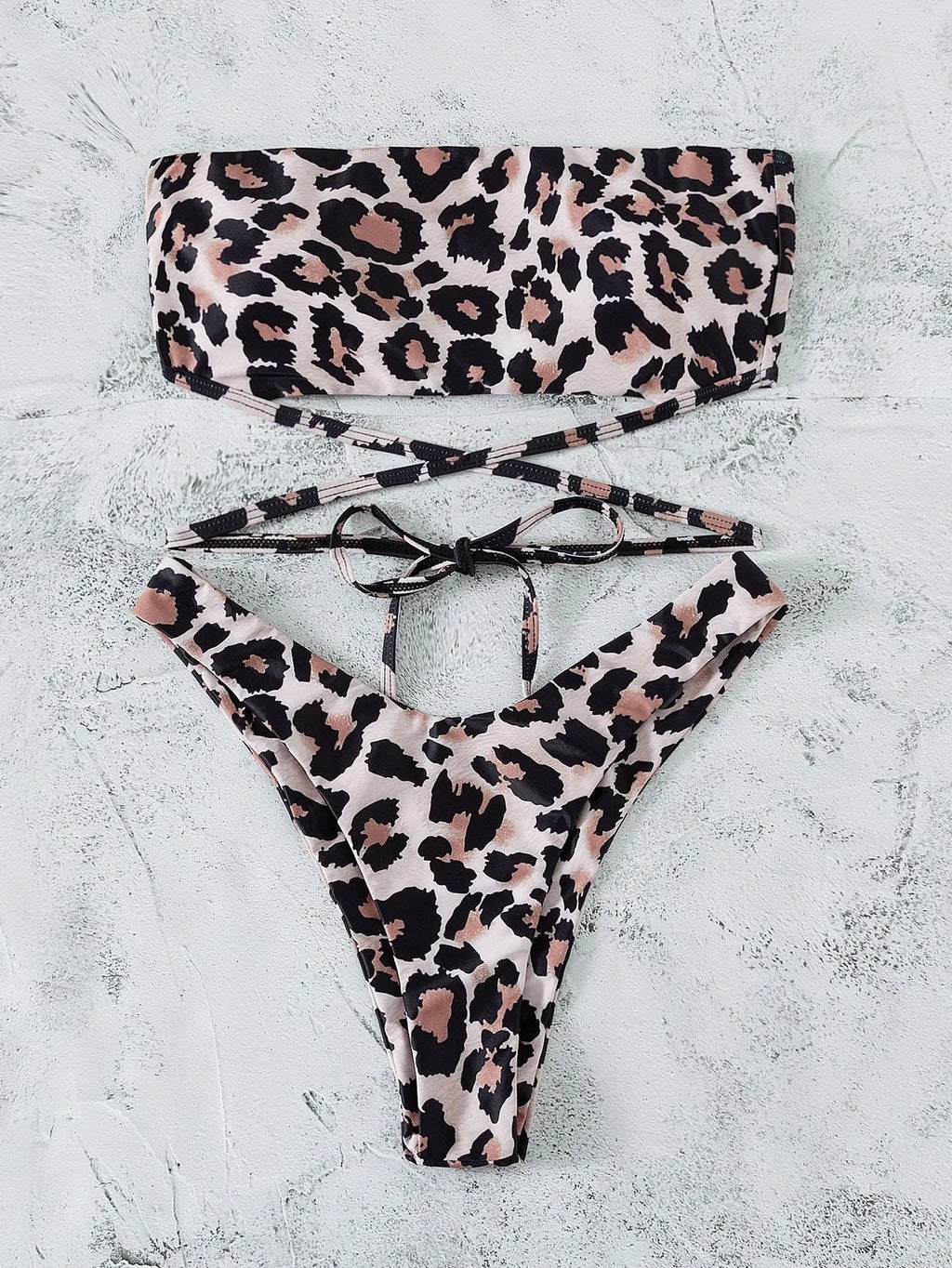 Leopard print bandeau split bikini swimsuit with chest pad, polyester fabric, three sizes available