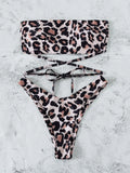 Leopard print bandeau split bikini swimsuit with chest pad, polyester fabric, three sizes available