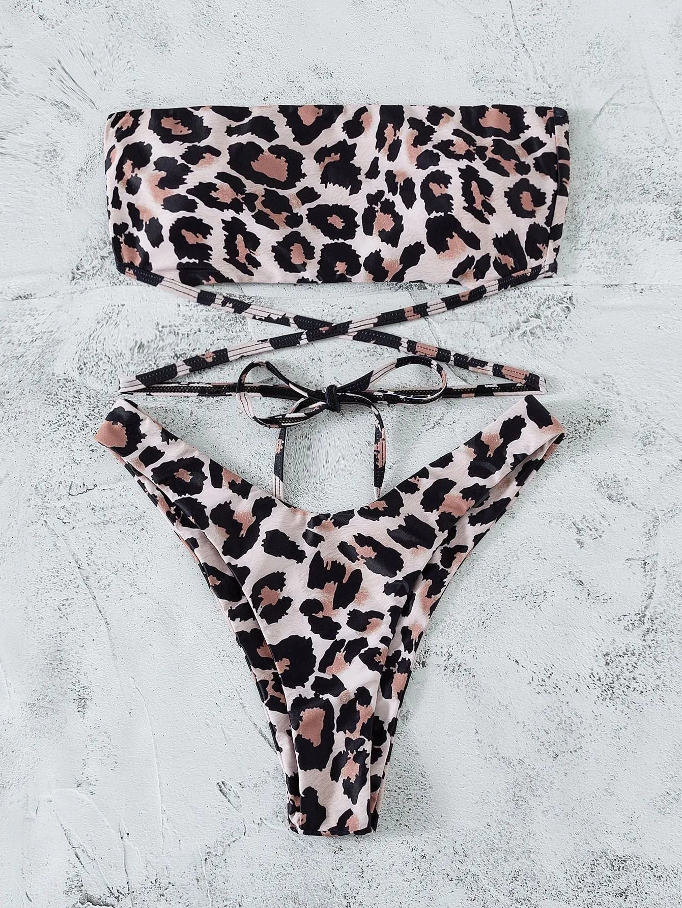 Leopard print bandeau split bikini swimsuit with chest pad, polyester fabric, three sizes available