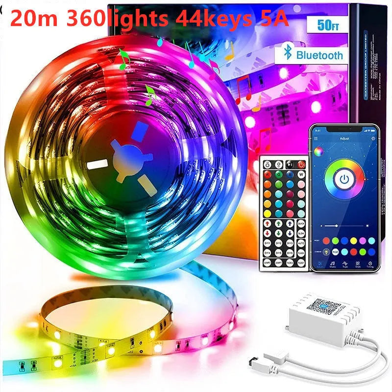 Bluetooth smart app controlled RGB LED strip light on a reel with 44-key remote and power adapter.