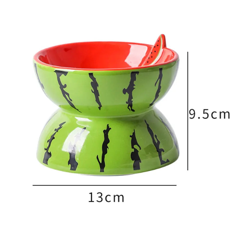 Ceramic raised cat bowl with tilted design in fruit pattern, elevated feeding dish for cats and small dogs