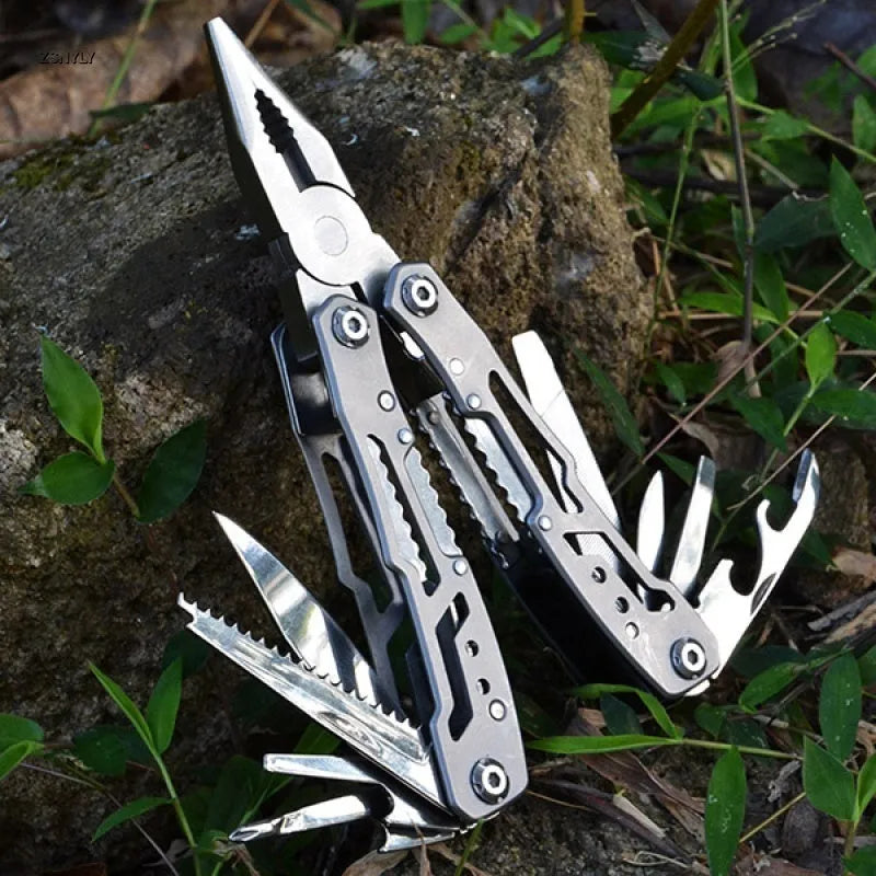 All steel 14-in-1 folding multi-function pliers with locking blade, 10cm folded length, black colour