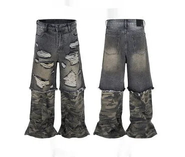 Men's black and gray camouflage stitching wide leg ripped jeans, cotton denim, mid waist.